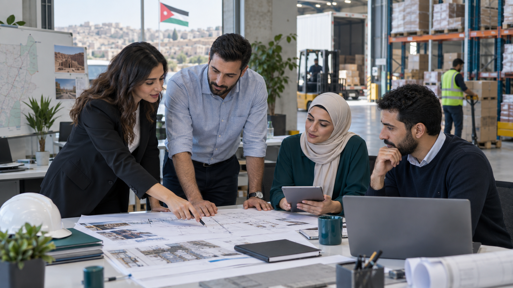فريق ينسق مشروعًا بين الإدارة والتقنية والتنفيذ